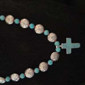 Hand crafted silver plated and turquoise necklace with turquoise cross pendant